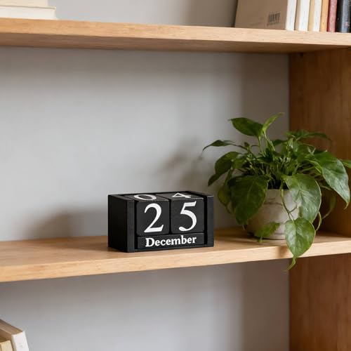 Notakia Black Wooden Block Calendar, Perpetual Desk Calendar, Stylish and Durable Block Calendar for Home and Office - color: Black Small