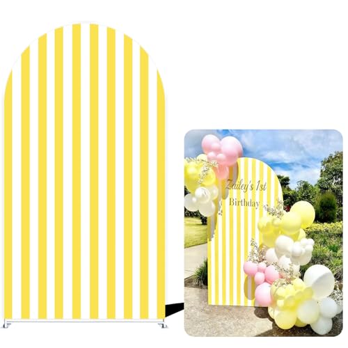 FiVan Yellow and White Striped Arch Backdrop Cover - 6x2.6ft Spandex Fitted Arch Stand Cover for Birthday Party, Baby Shower, Wedding, Carnival, Circus Theme Decorations - color: NO-414, size: 2.6x6ft(78x180cm)