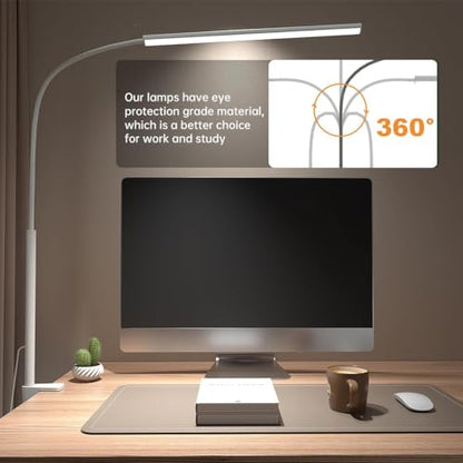 LED Desk Lamp with Clamp, Eye-Protection Clip on Desk Lamp, 5 Modes 10 Brightness Adjustment, 360°Flexible Gooseneck Lamp for Home Office, Lamps with USB Adapter，White - color: Plus.-White