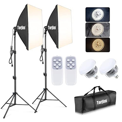 Torjim Softbox Photography Lighting Kit, 2Pcs 27" x 27" Professional Soft Box | 3000K-7500K 85W LED Bulbs with Remote, Photography Continuous Lighting Kit for Studio Lights, Portrait, Video Recording - size: 27"+ 2Pcs