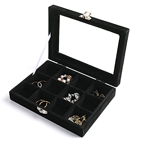 Frebeauty Jewelry Organizer Tray with Clear Lid,12 Grid Velvet Drawer Insert Jewelry Box with Transparent lid Jewelry Display Case Store Showcase Jewelry Box Gift for Women(Black,12 Grid) - color: Black, size: 12 Grid