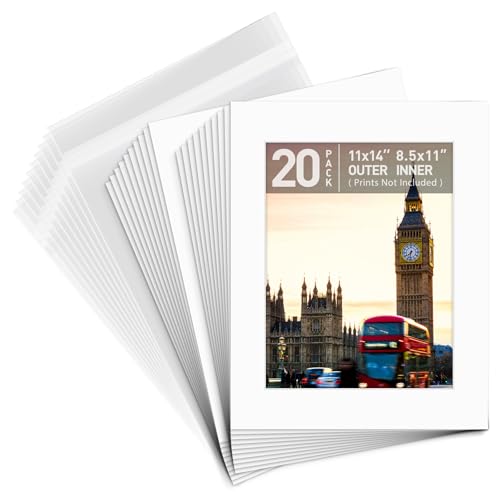 Golden State Art, Pack of 20, Pre-Cut 11x14 White Picture Mat Kit for 8.5x11 Photo, 20 White Core Bevel Cut Mattes, 20 Backing Boards and 20 Clear Bags - color: White, size: 11x14 for 8.5x11 (20 Pack)