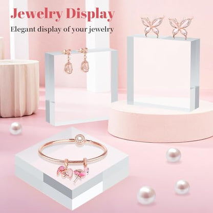 4 Pcs Acrylic Base Stand, 3*3*1 Inch Acrylic Blocks for Display Square Cube Riser Display Pedestal Stands Clear Polished Cubes Holder for Jewelry Perfume Ring Collection Props Cake - size: 7.6*7.6*2.5CM