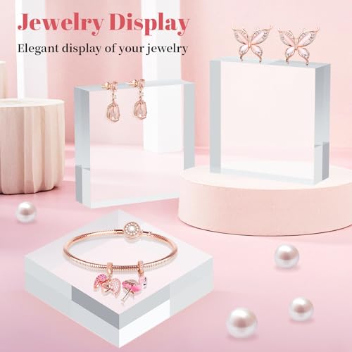 Acrylic Base Stand, 4 Pieces Acrylic Blocks for Display Square Cube Riser Display Pedestal Stands Large Clear Polished Cubes for Jewelry Ring Showcase Holder Base Collection (10.2*10.2*2.5CM) - size: 10.2*10.2*2.5CM