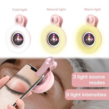 Portable Phone Camera Lens Accessories for Macro Shooting - Wide Angle Pink Macro Lens for iPhone - Camera Attachment for Cell Phone for Girls with Dimming Ring Light and Сonvenient Clip-on