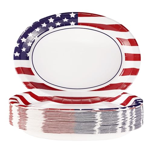 50Pcs Patriotic Oval Paper Plates 10" X 12" Large Heavy Duty 250 Anniversary American Flag Disposable Plates 4th of July Red Blue and White Platters for President Memorial Independence Day Supplies - style: 4th of July Oval Kit