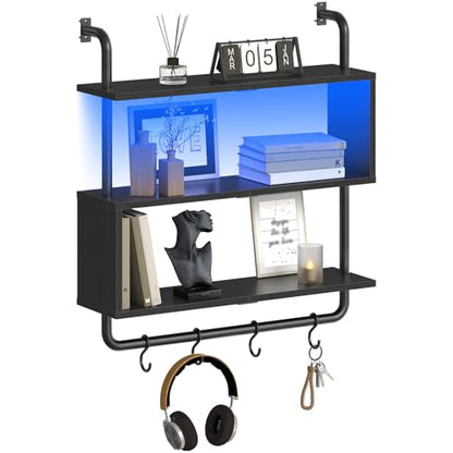 HOOBRO Floating Shelves with LED Lights, 29.5" LED Wall Mounted Gaming Shelf, 3-Tier Pipe Display Rack with Hanging Rod and 4 S-Hooks, for Storage Livingroom, Bedroom, Kitchen, Black BB21DBJ01 - color: Black