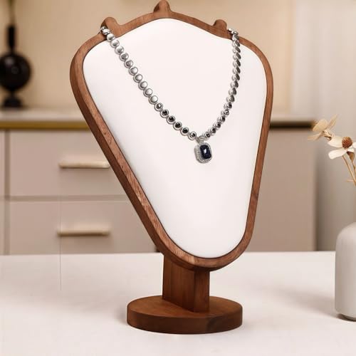 Walnut Color Body Wood Necklace Display Stand with White Leather Soft Mat Necklace Holder Organizer Desktop Stand for Home Store Dresser-4.45"x8.4"x12" - color: Walnut-White, size: 4.45"x8.4"x12"