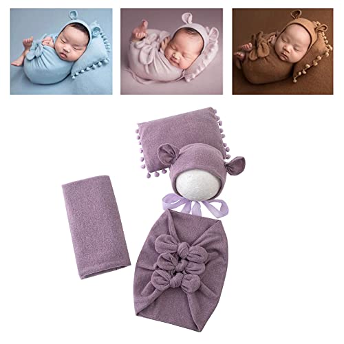 Newborn Baby Boy Girl Photography Props Bow Wrap, Posing Aid, Hat and Blanket Set of 4 Pcs - color: Dark Purple