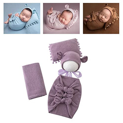Newborn Baby Boy Girl Photography Props Bow Wrap, Posing Aid, Hat and Blanket Set of 4 Pcs - color: Dark Purple