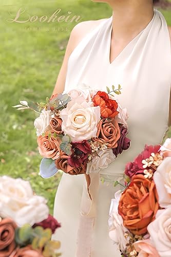 Lookein Set of 4 Bridesmaid Bouquet for Wedding 7 Inch Artificial Flowers Bouquet Wedding Bouquet Bridal Bouquet Tossing Bouquet for Wedding Ceremony Anniversary Bridal Shower, Chic Terracotta - color: 7" Chic Terracotta