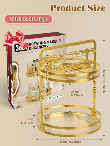 360 Rotating Makeup Organizer Vanity, Gold Perfume Organizer for Dresser, 2 Tier Bathroom Organizer Countertop, Lazy Susan Spinning Perfume Stand for Women, Skincare Storage with Brush Holder - color: Upgraded-Gold