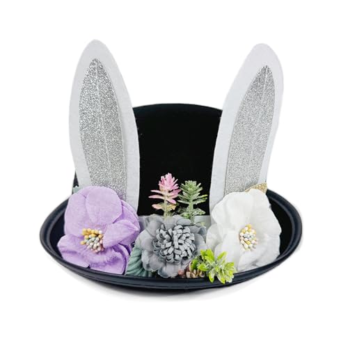 Cute Easter Bunny Ear Top Hat for Adults Rabbit Ears Cosplay Bucket Hat with Artificial Flower Costume Accessory - color: Black