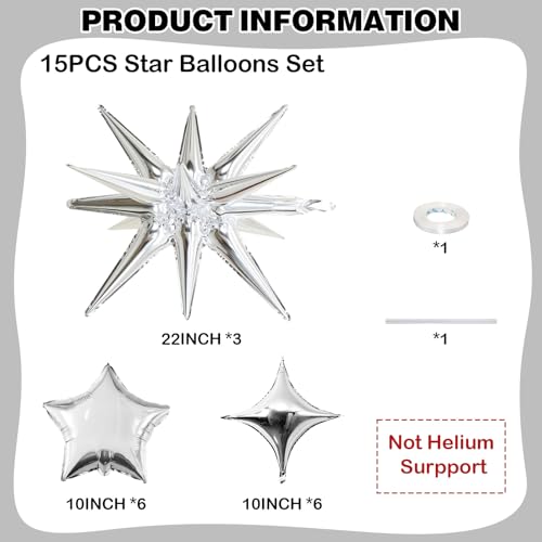 Silver Star Balloons, 22in Large Star Balloons Foil 10in 4-Pointed & Silver Pentagram Balloon for Graduation New Year Wedding Baby Shower Birthday Party Decorations - color: Silver