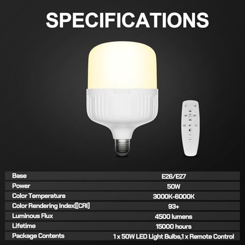 EMART Full Spectrum Light Bulb, 50W Dimming 3000K-6000K LED Lamp for Softbox Lighting Kit, Photography Studio, Home, Office, Garden, Grow Plant -1 Packs - size: 50W-1 Pack
