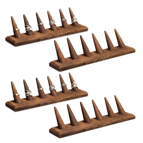 MOOCA 4 Pcs Set Finger Ring Stand Jewelry Display Holder Showcase Display Stands 11 x 2 1/4 x 2 3/4 in, Brown Color - color: Brown, 4 Pcs 6 Ring