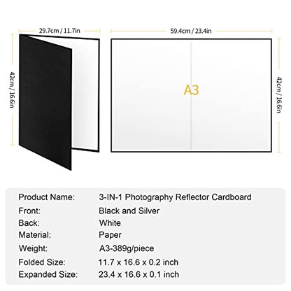 Meking 3 in 1 Photography Reflector Cardboard, 17 x 12 inches Folding Light Diffuser Board for Still Life, Product and Food Photo Shooting - Black, Silver and White, 2 Packs - size: 2Pcs A3 Black Silver White