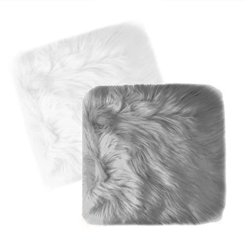 Pack of 2, Faux Fur Plush Cushion Fluffy Square Small Area Rug, Luxury Background for Small Items/ Jewelry/ Nail Art Desk Photos, Product Display & School Locker Decor (White + Grey) - color: White + Grey