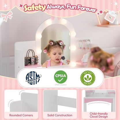 MU Kids Vanity with Lights, Princess Makeup Vanity Table and Chair Set for Girls, Toddler Vanity Desk with Open Bookshelf, Storage Cabinet & Shelves, Stools, White - color: White