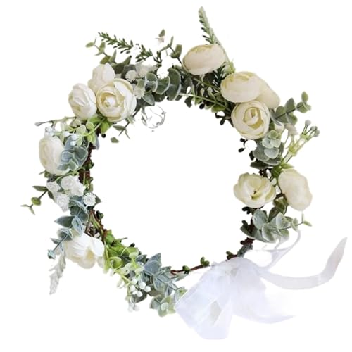 Colorful Rose Flower Crown Wreath Festival Wedding Flower Crown Photo Props Rose Green Leaf Floral Headpiece Hair Wreath Spring(Bright Yellow) - color: Bright Yellow