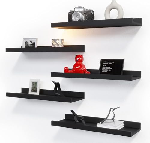 RICHER HOUSE 5 Set Floating Wall Mounted Shelves, Black Shelves for Wall Decor, Modern Picture Ledge Shelf with Lip for Storage, Nursery, Bedroom, Living Room, Bathroom - Black - color: Black, size: 5pcs*15.75in