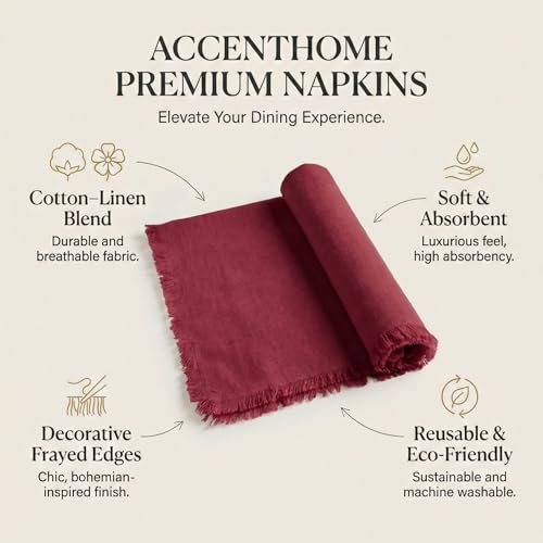 ACCENTHOME Burgundy Cotton Linen Napkin Set of 12 18x18 inch Dinner Napkins - Washable Soft Premium Hotel Quality Reusable Hemmed Edges Napkins Perfect Table Linens for Family Dinners, Weddings - color: 10 - Burgundy, size: 18"x18" - Pack of 12