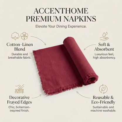 ACCENTHOME Burgundy Cotton Linen Napkin Set of 12 18x18 inch Dinner Napkins - Washable Soft Premium Hotel Quality Reusable Hemmed Edges Napkins Perfect Table Linens for Family Dinners, Weddings - color: 10 - Burgundy, size: 18"x18" - Pack of 12