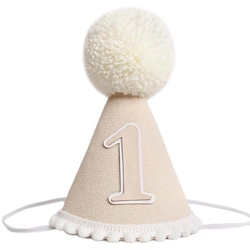 KOJIN 1st Birthday Hat for Baby Girl/Boy - First Birthday Decorations, Cake Smash Photo Prop - color: Beige