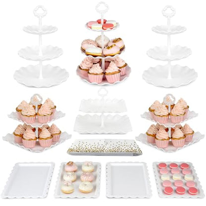 Pack of 11 NWK Cake Stand Set, with 3 x Two-Tier and 3 x Three-Tier Cupcake Stands, 4 x Appetizer Trays, 1 x Tablecloth for Birthday Bridal Baby Shower Party (White) - color: White
