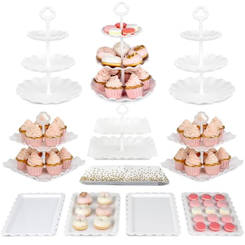 Pack of 11 NWK Cake Stand Set, with 3 x Two-Tier and 3 x Three-Tier Cupcake Stands, 4 x Appetizer Trays, 1 x Tablecloth for Birthday Bridal Baby Shower Party (White) - color: White
