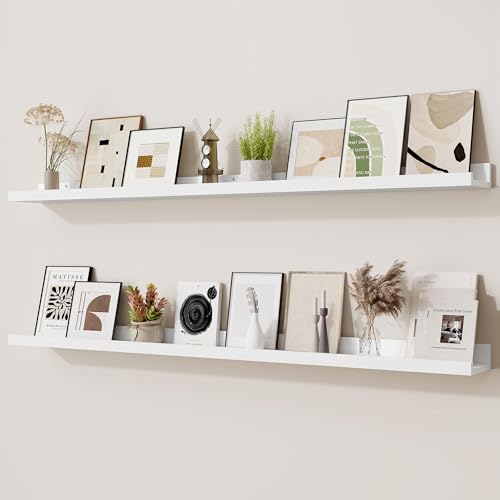 Heimlove Picture Ledge Shelf,48 inch Long Floating Shelves for Wall Set of 2,White Picture Shelf with Lip for Wall Decor,Living Room,Bedroom,Bookshelf,Nursery,Perfume - color: White, size: 48'', Set of 2