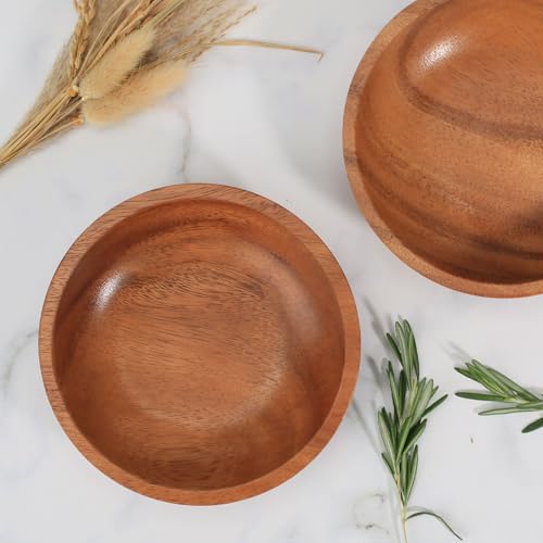 Acacia Wood Serving Bowls, 6 Inch Handcrafted Wooden Individual Bowls Set of 2 for Food/Soup/Salad/Pasta, Use as Snack Holder Plate for Kitchen and Dining - size: D 6.3'' x H 1.6''
