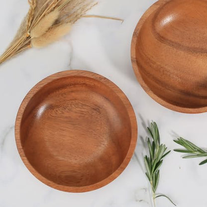 Acacia Wood Serving Bowls, 6 Inch Handcrafted Wooden Individual Bowls Set of 2 for Food/Soup/Salad/Pasta, Use as Snack Holder Plate for Kitchen and Dining - size: D 6.3'' x H 1.6''