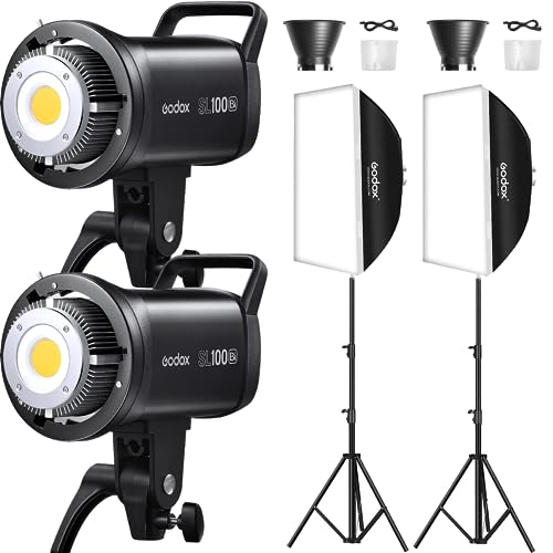 Godox SL100Bi 2 Light Kit 100W Continuous LED Video Light bowens mount photography lighting with Softbox Light stand for video recording, YouTube Gaming keylight, Portrait Shooting, Location Interview