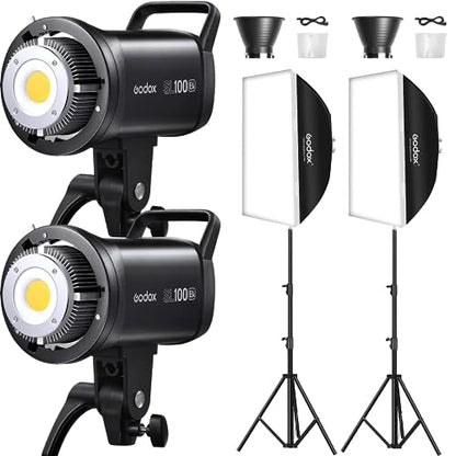 Godox SL100Bi 2 Light Kit 100W Continuous LED Video Light bowens mount photography lighting with Softbox Light stand for video recording, YouTube Gaming keylight, Portrait Shooting, Location Interview