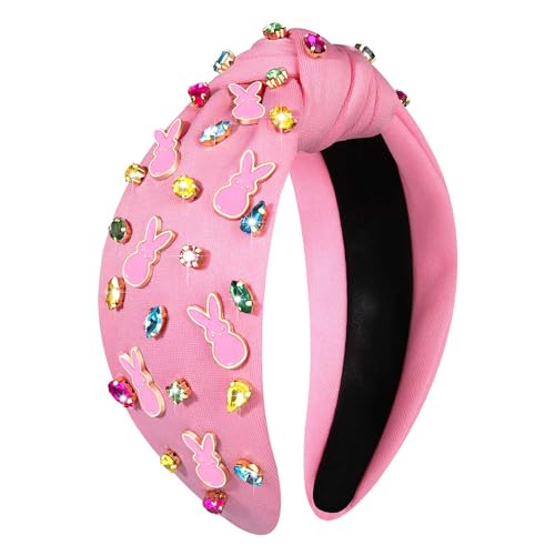 NVENF Easter Headband for Women Beaded Easter Rabbit Bunny Headband White Pink Crystal Pearl Knotted Hairband Happy Easter Hair Accessories Spring Holiday Headwear Outfits Gifts (Bunny C - Pink 2) - color: Bunny C - Pink 2