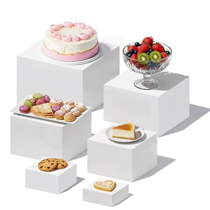 6 Pcs Buffet Risers, Food Risers for Buffet Table, White Acrylic Cube Boxes Display with Hollow Bottoms Display Stand Shelf for Party Cake Dessert Catering Jewelry Collectibles (3"4"5"6"7"8'')