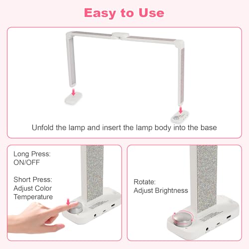 34in Half Moon Light for Nail Desk, Foldable LED Lamp for Nail Art, Tattooing, Craft Making, Stepless Dimming, 3000-6000K Color Temperature Adjustment, 456 Light Beads, White with Diamond - color: White with Diamond
