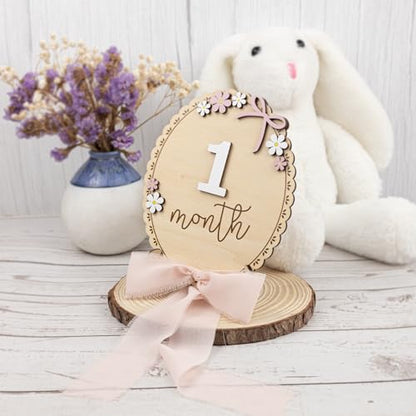 Baby Monthly Milestone Wooden Sign with Numbers, Natural Wood Milestone Board for Newborn Monthly Growth Photos, Cute 3D Flowers Photo Prop for Baby Milestone Memories (Pink Ribbon)
