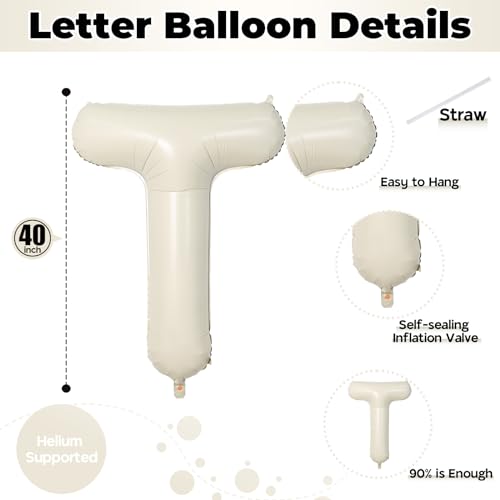 40 Inch Beige Letter Balloon, Cream White Sand Alphabet With Ribbon for 2 Year Old Birthday, Second Anniversary Party Decorations - Neutral Ivory for Kids, Boys, Girls - color: Cream - Two