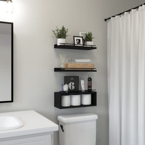 WOPITUES Floating Shelves for Wall with Cube Shelf, Wall Shelves with Metal Rail for Bathroom Decor, Bathroom Organizers and Storage, Over Toilet Shelves for Toilet Paper-Black - color: Black, size: 15.7 inch