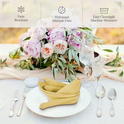 PLOYMONO Gold Heavy Duty Cloth Napkins - 17 x 17 Inch Solid Washable Polyester Dinner Napkins - Set of 8 Napkins with Hemmed Edges - Great for Weddings, Parties, Banquets Dinner & More - color: Gold