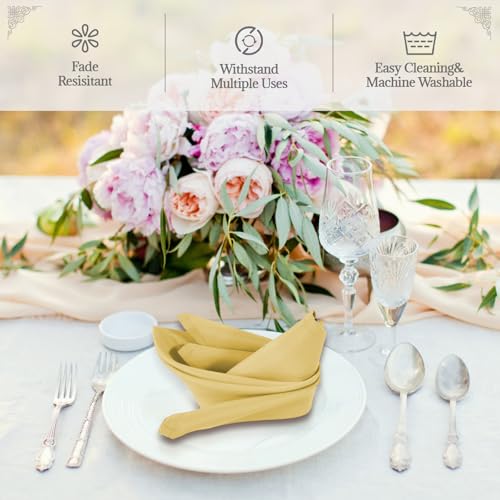 PLOYMONO Gold Heavy Duty Cloth Napkins - 17 x 17 Inch Solid Washable Polyester Dinner Napkins - Set of 8 Napkins with Hemmed Edges - Great for Weddings, Parties, Banquets Dinner & More - color: Gold