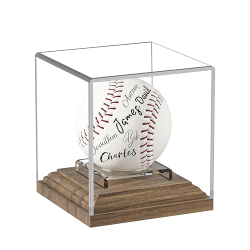 Baseball Case Display for Balls Walnut Wood Base Acrylic Baseball Display Case Baseball Holder Stand Cube Memorabilia Showcase Autograph Ball Protector for Official Size Ball Display