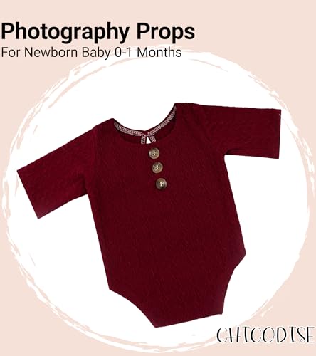 Newborn Photography Props, Infant Photoshoot Outfit Romper & Pom Pom Hat for Baby Boys Girls - color: Wine Red