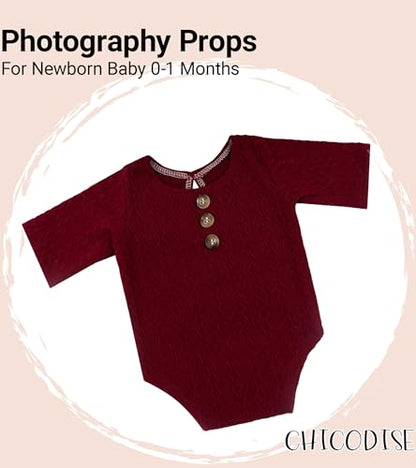 Newborn Photography Props, Infant Photoshoot Outfit Romper & Pom Pom Hat for Baby Boys Girls - color: Wine Red
