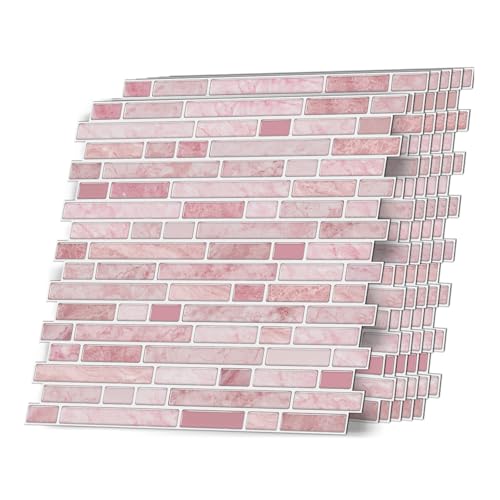 VICCI 12-Sheet Peel & Stick Tile Backsplash 12" x 12" Stick-On Wall Tiles Decals for Kitchen Bathroom & Laundry Room,Pink,Textured Style - color: Spt-106, size: 12 x 12 inch (3D Textured style)