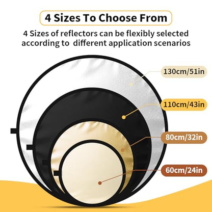 24/32/43/52in Reflector Photography,5 in 1 Light Diffuser with Panel &Bag Light Reflectors for Photography, Ideal for Content Creator Essentials&Photographer in Silver,Gold,White and Black - size: 24inch/60cm