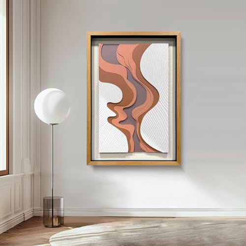 BrightA 5-Layer Wood ReliefWooden Wall Art Fluid Curves in Warm Brown & Ash Grey with Linear Grain Background, Framed in Solid Wood & Tempered Glass for Contemporary Walls 27.5"x39.4" - color: Rice white + earth yellow + dark brown 3 + natural wood ton