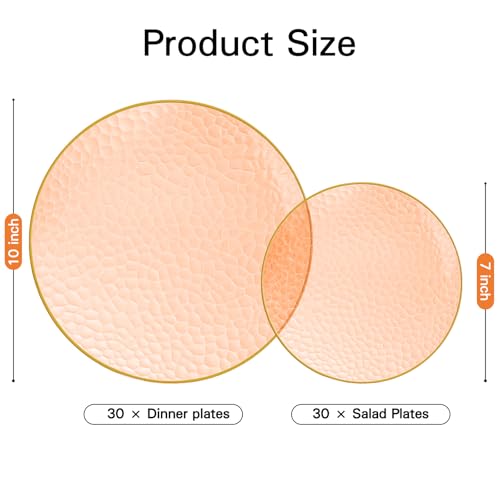 Rubtlamp 60Pcs Orange Plastic Plates, Orange Disposable Plates With Gold Rim, Hammered Plastic Plates Include 30 Dessert Platos, 30 Dinner Platos for Party - color: Clear Orange Gold
